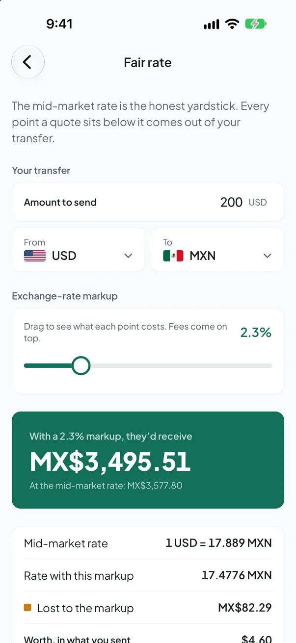 The fair rate screen in the RemitBridge app